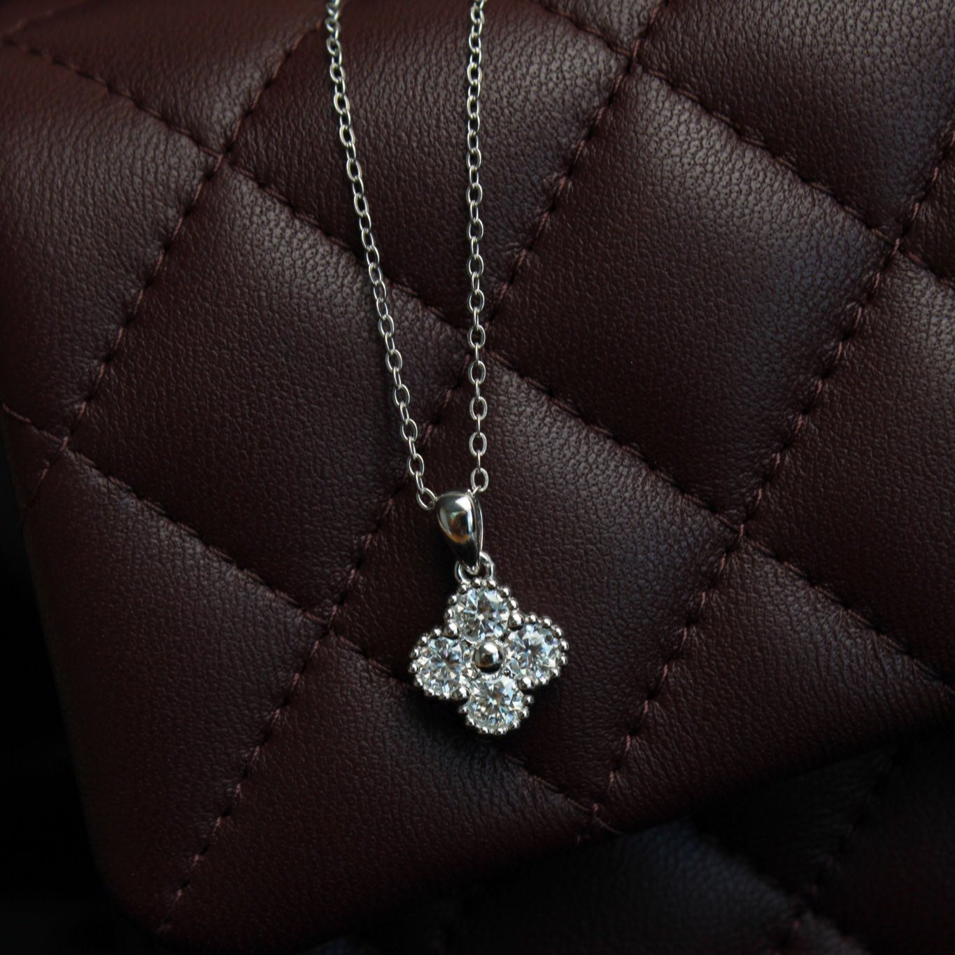 1.2 Carat Total Moissanite Diamond Pendant Necklace, 18K White Gold Vermeil on Sterling Silver, Clover Design