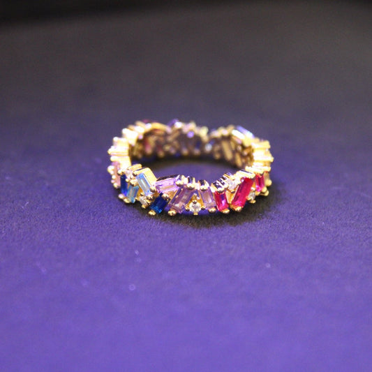 Colorful Zircon and 18k Gold Plated S925 Sterling Silver Baugette Ring