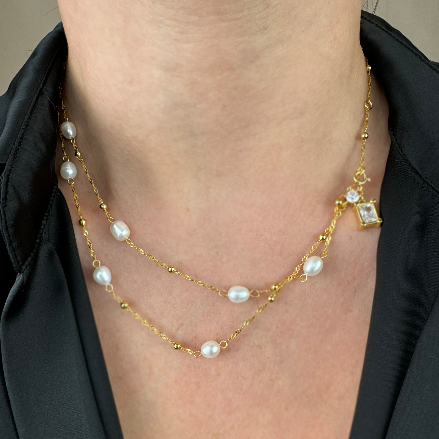 S925 Silver Baroque Pearl Double Chain Zircon Necklace