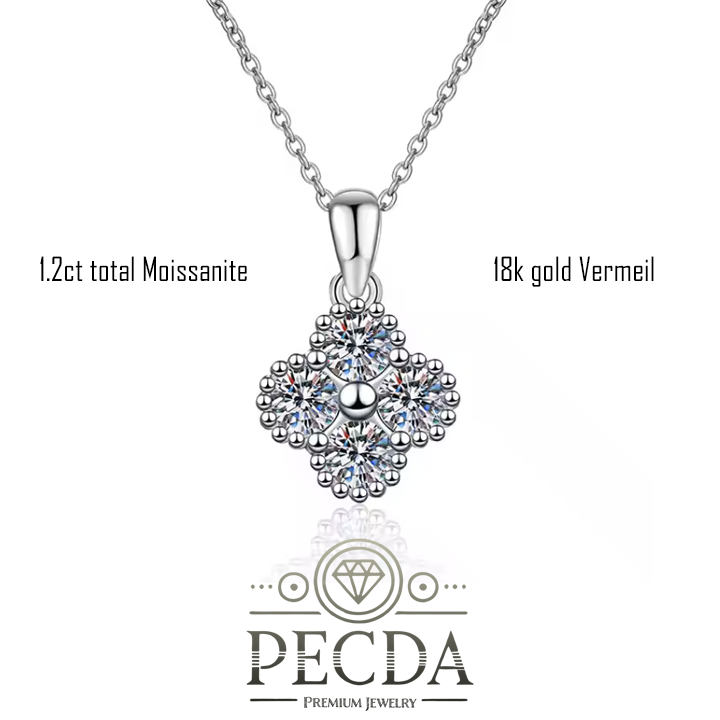 1.2 Carat Total Moissanite Diamond Pendant Necklace, 18K White Gold Vermeil on Sterling Silver, Clover Design