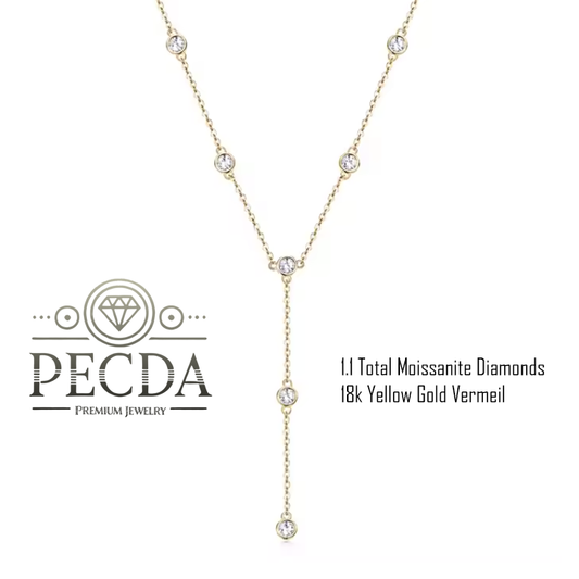 1.1 Carat Moissanite Diamond Long Necklace, 18K Yellow Gold Vermeil